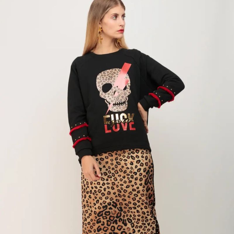 Sweatshirt med frynser og leopardprintet Skull Ray